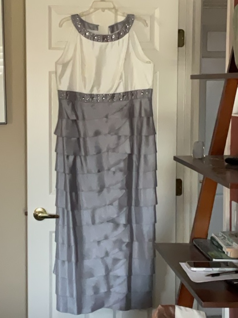 Sleeveless White and Silver Beaded Tiered Maxi Dress